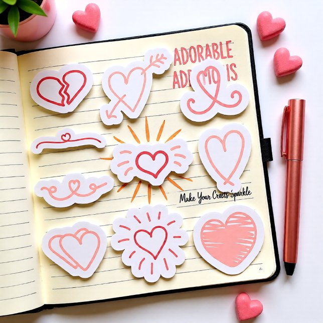 Ensemble de 10 autocollants de coeur de la Saint V (Soft Pink Valentine Heart – Set of 10 Love Designs Sticker)