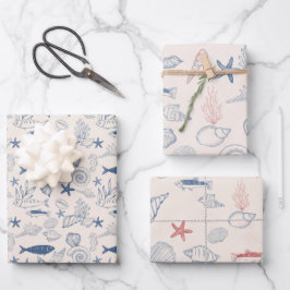 Ensemble de 3 feuilles de papier d'emballage océan