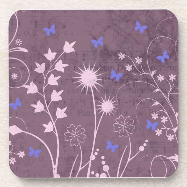 Ensemble de 6 dessous de verre à fleurs violettes  (Devant)