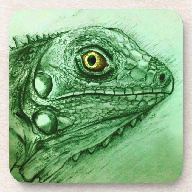 Ensemble de 6 Dessous de verre Iguana Vert, Dessin (Devant)