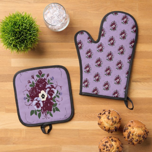 Ensemble de Cuisine Floral - Manique et Gant Lilas (De haut en bas)