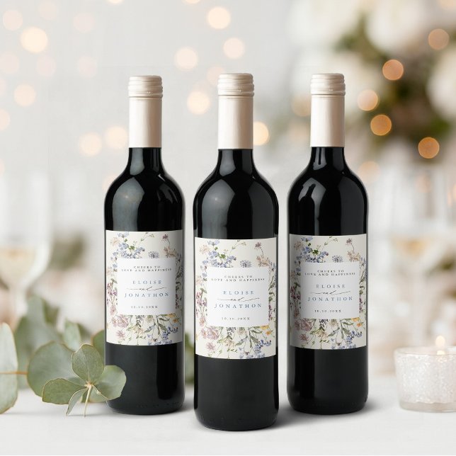 Ensemble de Étiquettes de nourriture et de boisson (Colorful Spring Wildflower Meadow Garden Wedding Wine Label)