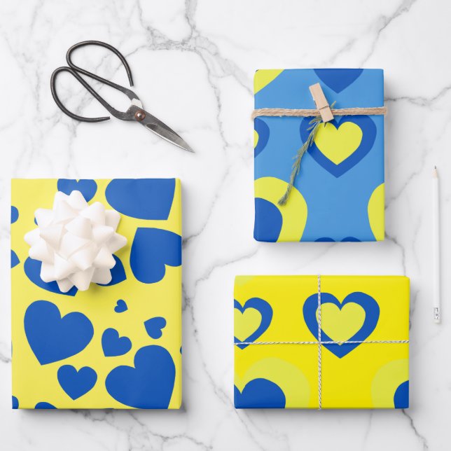 Ensemble de feuilles de papier Coeurs bleu et jaun (Recto)