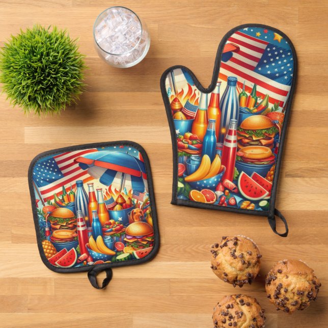 Ensemble De Gant De Cuisine Et De Manique 4 juillet (De haut en bas)