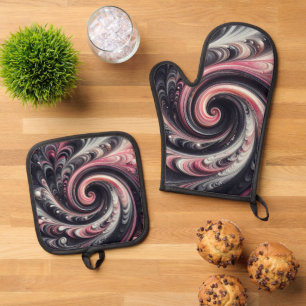 Ensemble De Gant De Cuisine Et De Manique Abstrait Moderne Tourbillonnant Rose, Noir et Blan