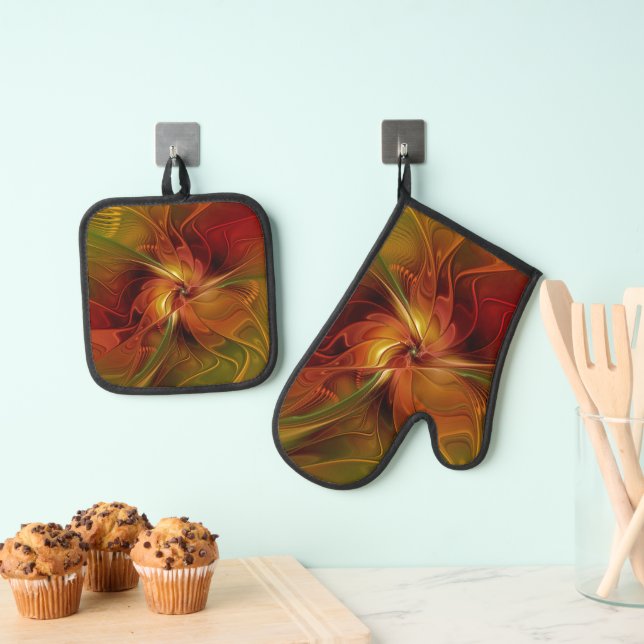 Ensemble De Gant De Cuisine Et De Manique Abstrait Rouge Orange Brown Vert Fractal Art Flowe (In situ (suspendu))
