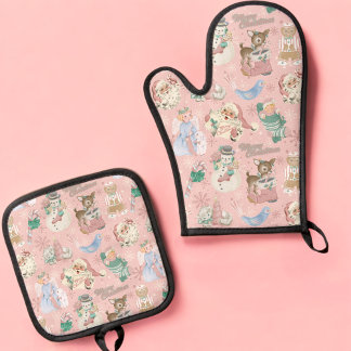 Ensemble De Gant De Cuisine Et De Manique Adorable Rétro Rose Vert Noël Four Mitt Set