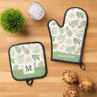 Ensemble De Gant De Cuisine Et De Manique Ajoutez votre nom | Forest Greenery Motif