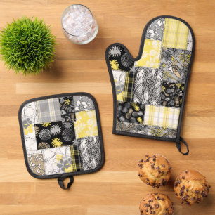 Ensemble De Gant De Cuisine Et De Manique Aloha Patchwork Hawaiian Tropical Prints Noir