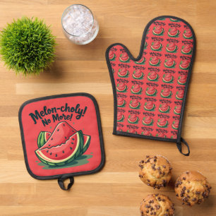 Ensemble De Gant De Cuisine Et De Manique Amusante Pun de pastèque "Melon-choly No More"
