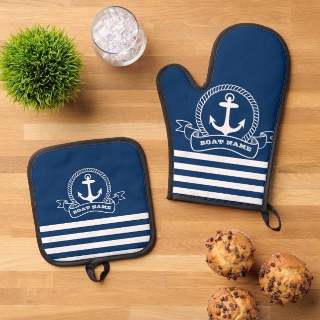 Ensemble De Gant De Cuisine Et De Manique Ancre marine Bleu rayé (De haut en bas)