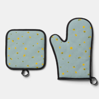 Ensemble De Gant De Cuisine Et De Manique Aqua Blue Japanese Dandelion Floral Pattern