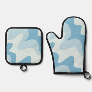 Ensemble De Gant De Cuisine Et De Manique Aqua Flow Blue Tones Silver Quilé