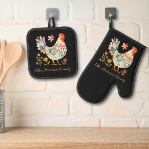 Ensemble De Gant De Cuisine Et De Manique Aquarelle de pays Famille Monogramme noir