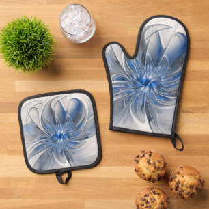 Ensemble De Gant De Cuisine Et De Manique Aquarelle gris bleu Abstrait Fractal Art Flower