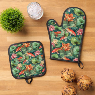 Ensemble De Gant De Cuisine Et De Manique Aquarelle Koi & Lys d'eau