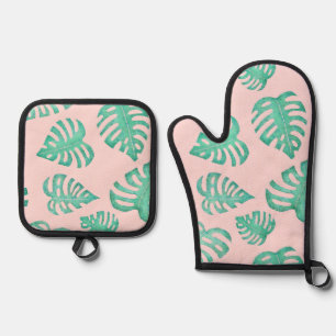 Ensemble De Gant De Cuisine Et De Manique Aquarelle Monstera Feuilles sur Ballet Rose