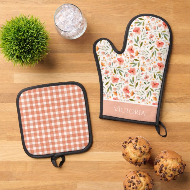 Ensemble De Gant De Cuisine Et De Manique Aquarelle Plaid Florale Orange Moderne Personnalis (De haut en bas)