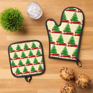 Ensemble De Gant De Cuisine Et De Manique Arbre avec ruban rouge Noël