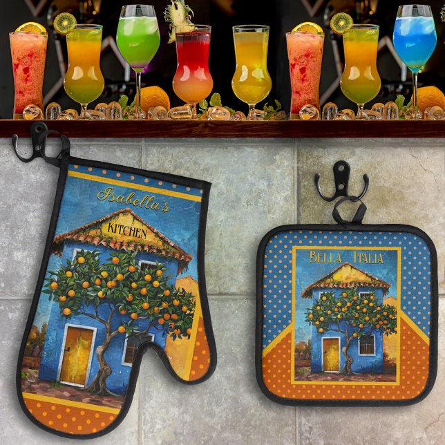 Ensemble De Gant De Cuisine Et De Manique Arbre méditerranéen Bella Italia (Retro oven mitt and pot holder set with a painting of a Mediterranean house with citrus tree - Italy)