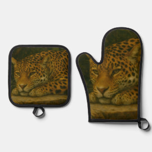 Ensemble De Gant De Cuisine Et De Manique Ardoise dorée - Leopard reposant en feuillage
