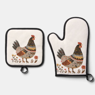 Ensemble De Gant De Cuisine Et De Manique Art populaire coloré Hen Scandi