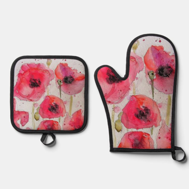Ensemble De Gant De Cuisine Et De Manique Assiette en papier motif fleur de pavot rouge (Recto)