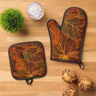 Ensemble De Gant De Cuisine Et De Manique Automne Feuilles Texture Nature Design d'oeuvres d