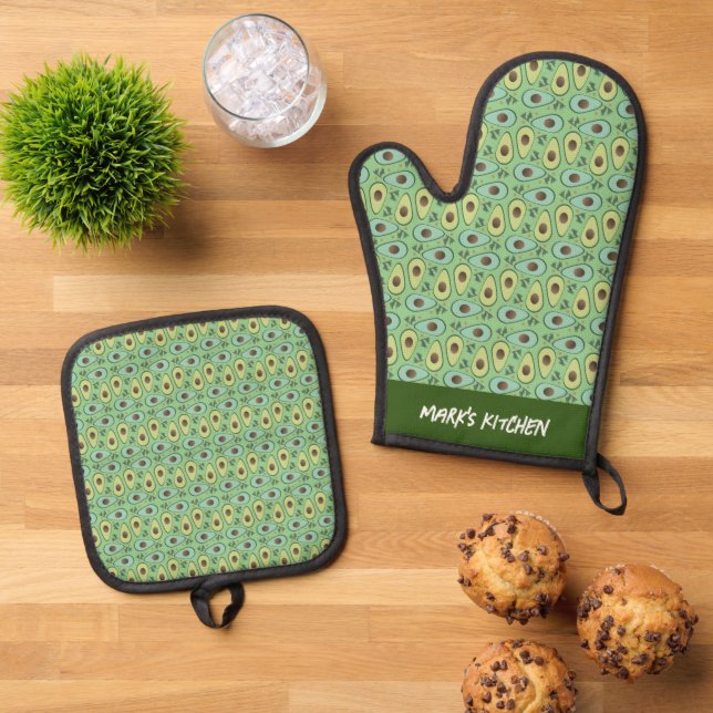 Ensemble De Gant De Cuisine Et De Manique Avocado Cuisine de chef de fruits végétal (De haut en bas)