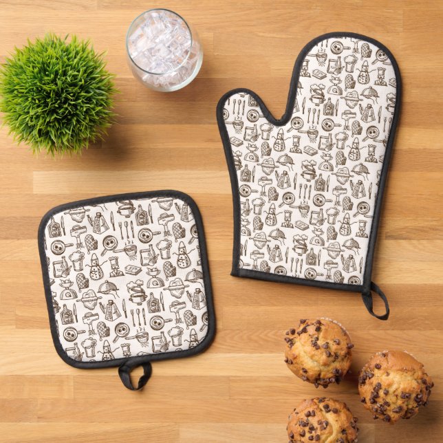 Ensemble De Gant De Cuisine Et De Manique Bakery Kitchen Symbols Pattern Black and White (De haut en bas)