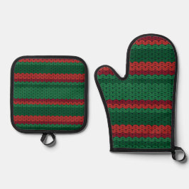 Ensemble De Gant De Cuisine Et De Manique Bandes de Knit rouge et vert