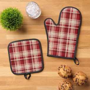 Ensemble De Gant De Cuisine Et De Manique Bandes Plaid Crème Rouge