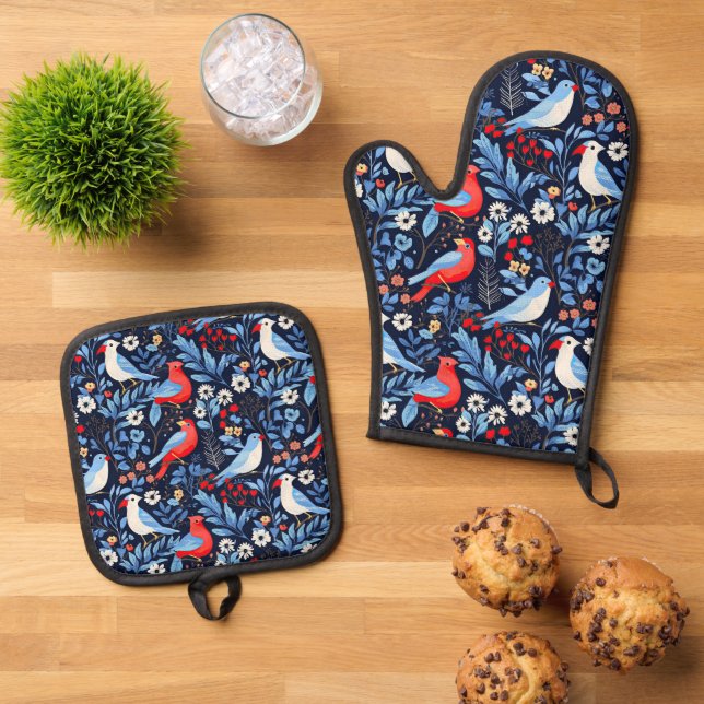 Ensemble De Gant De Cuisine Et De Manique Beaux oiseaux d'hiver carrelés (De haut en bas)