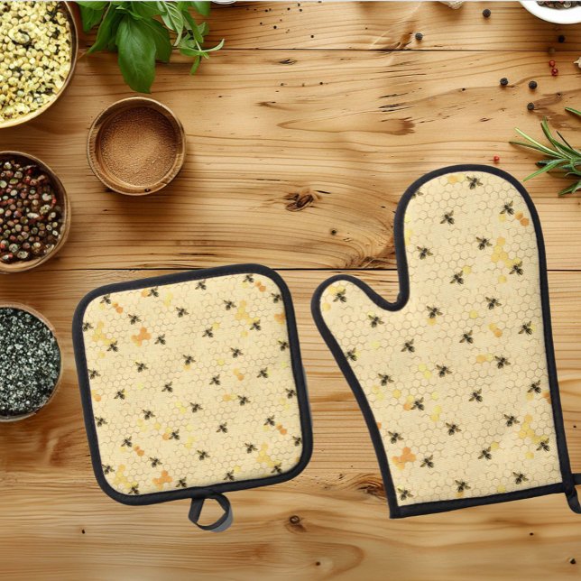 Ensemble De Gant De Cuisine Et De Manique Bee Honeycomb jaune (Créateur téléchargé)