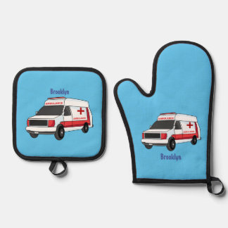 Ensemble De Gant De Cuisine Et De Manique Belle ambulance rouge caricature van