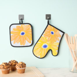 Ensemble De Gant De Cuisine Et De Manique Big Warm Yellow Asters