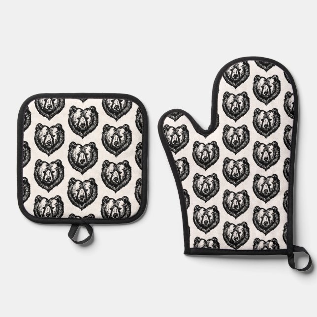 Ensemble De Gant De Cuisine Et De Manique Black and White Bear's Face Ink Drawing (Recto)