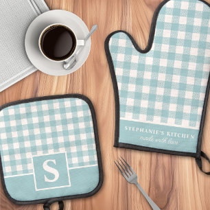 Ensemble De Gant De Cuisine Et De Manique Bleu Pastel Gingham Carreaux Vichy Monogrammé