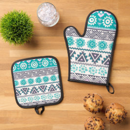Ensemble De Gant De Cuisine Et De Manique Bleu tribal