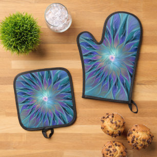 Ensemble De Gant De Cuisine Et De Manique Blue Purple Flower Dream Abstrait Fractal Art