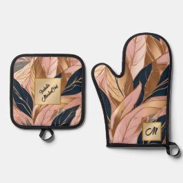 Ensemble De Gant De Cuisine Et De Manique Blush Pink Gold Modern Boho Collection Feuilles