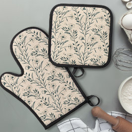 Ensemble De Gant De Cuisine Et De Manique Bohème Botanique Neutre