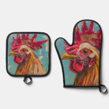 Boho Rooster Four Mitt & Hot Pad Set