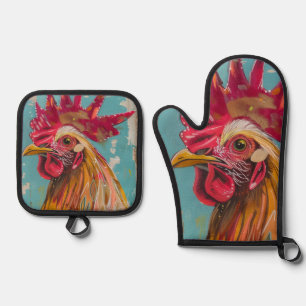Ensemble De Gant De Cuisine Et De Manique Boho Rooster Four Mitt & Hot Pad Set