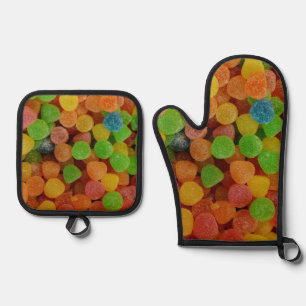 Ensemble De Gant De Cuisine Et De Manique Bonbons Colorés Gumdrops