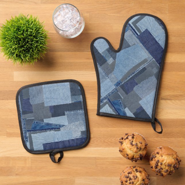 Ensemble De Gant De Cuisine Et De Manique Boro Boro Blue Jean Patchwork Denim Shibori (De haut en bas)