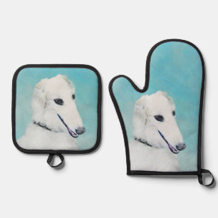Ensemble De Gant De Cuisine Et De Manique Borzoi Peinture blanche russe Wolfhound Chien Art