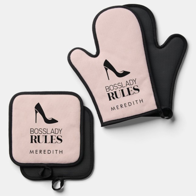 Ensemble De Gant De Cuisine Et De Manique Boss Lady Rules Stiletto Logo Blush (Recto/Verso)