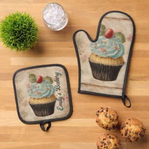 Ensemble De Gant De Cuisine Et De Manique Boulangerie vintage Pâtisserie Chef Cupcake Baker 