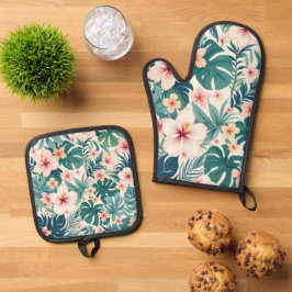 Ensemble De Gant De Cuisine Et De Manique Brise Botanique - Tropical Floral Fours Mitt & Pot